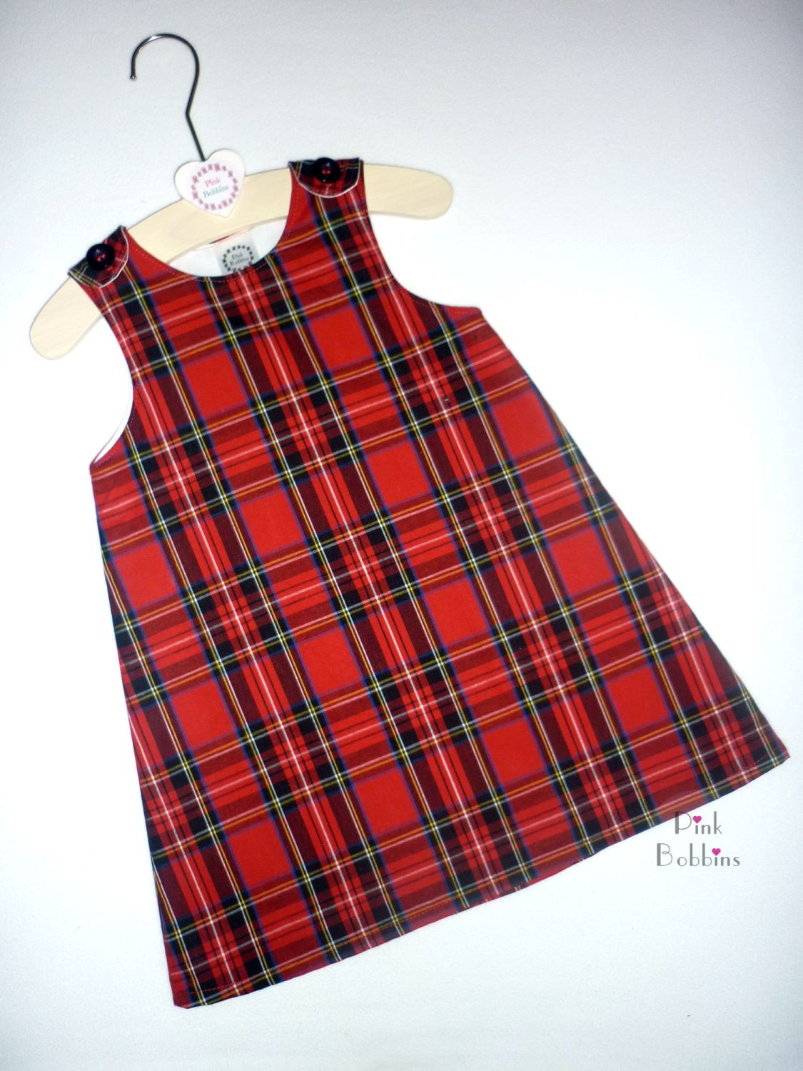 Red tartan pinafore dress made to order