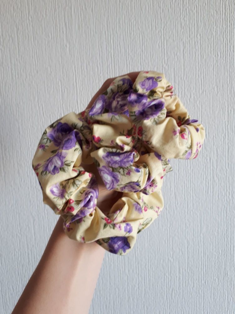 Lilac floral on yellow scrunchie - in stock 