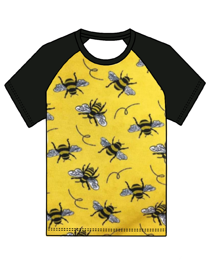 Bees on yellow raglan tee (short or long sleeved) - made to order