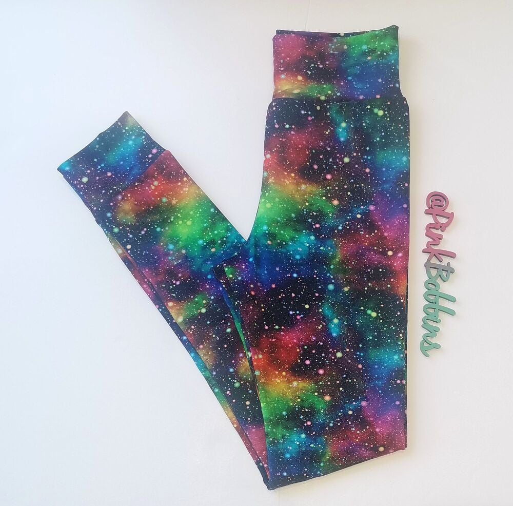 Rainbow galaxy leggings with optional bow cuffs - in stock