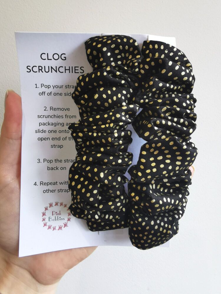 Black and gold spotty clog scrunchies - in stock