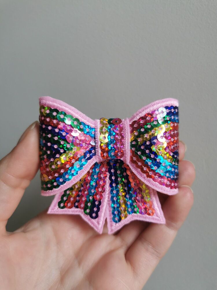 Rainbow sequin hair bow - in stock