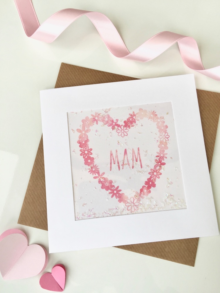 Pink Watercolour Floral Heart - Mam - Card