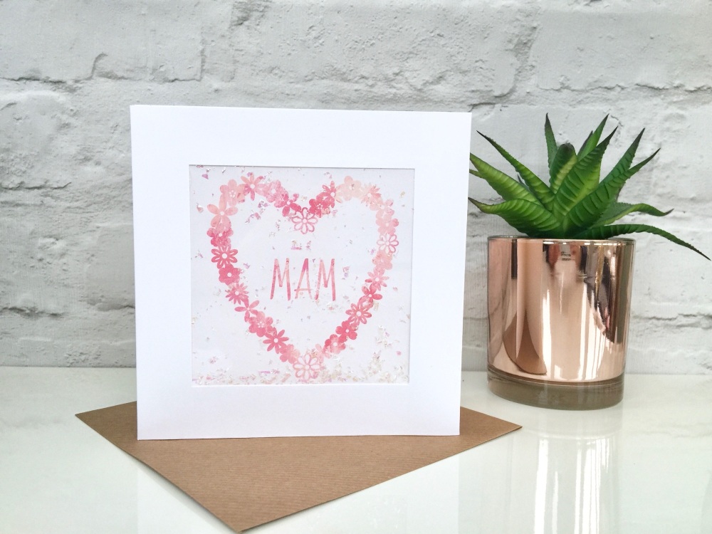 Pink Watercolour Floral Heart - Mam - Card