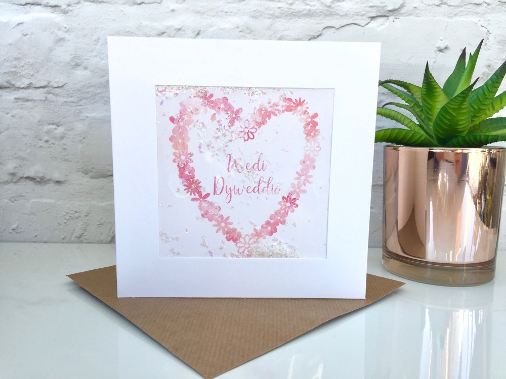 Pink Watercolour Floral Heart - Wedi Dyweddio - Card