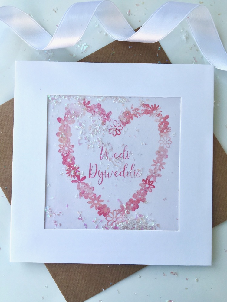 Pink Watercolour Floral Heart - Wedi Dyweddio - Card