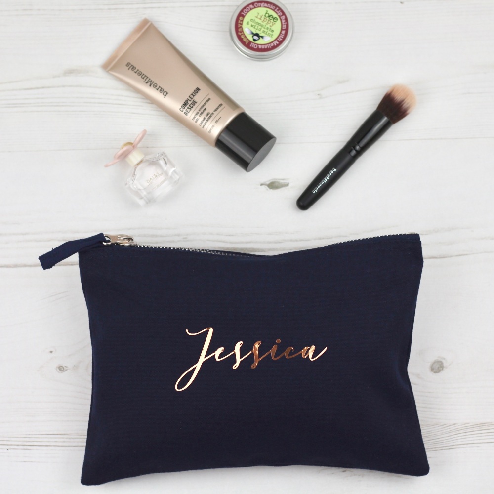 Rose gold and navy personalised pouch, name bag | CeFfi