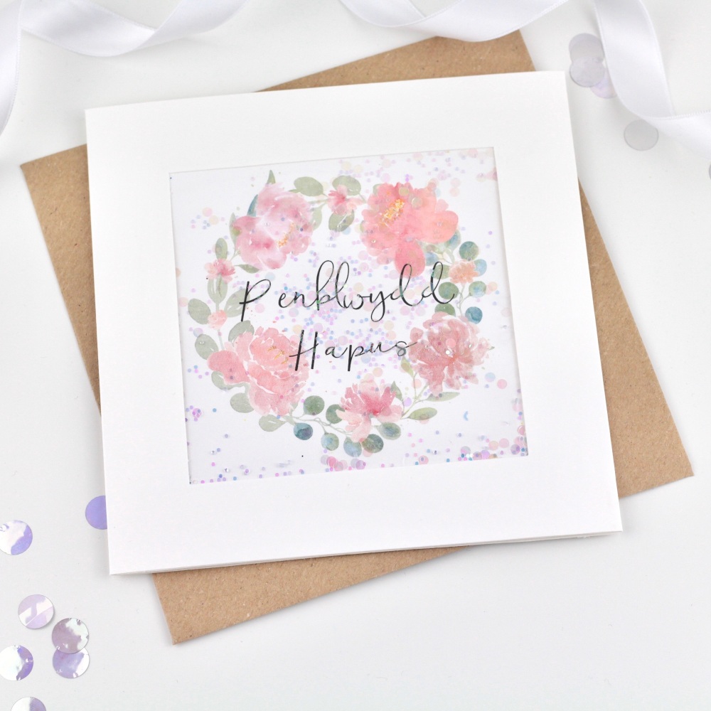Floral Wreath - Penblwydd Hapus - Card