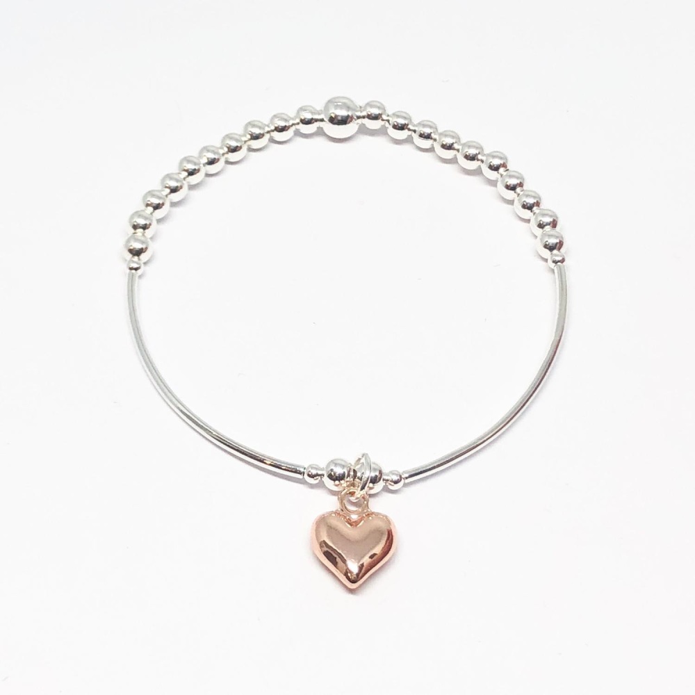 rose gold heart bracelet, Silver stretchy bracelet, silver noodle bracelet,