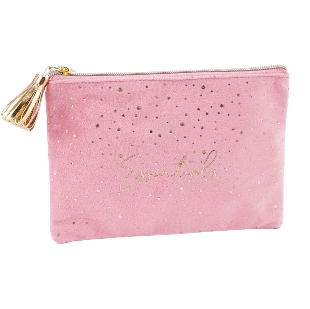Essentials make up bag, pink make up bag, pink and gold makeup bag