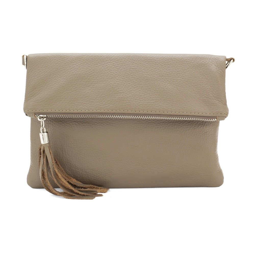 taupe leather bag, taupe clutch bag, grey leather clutch bag, leather fold 