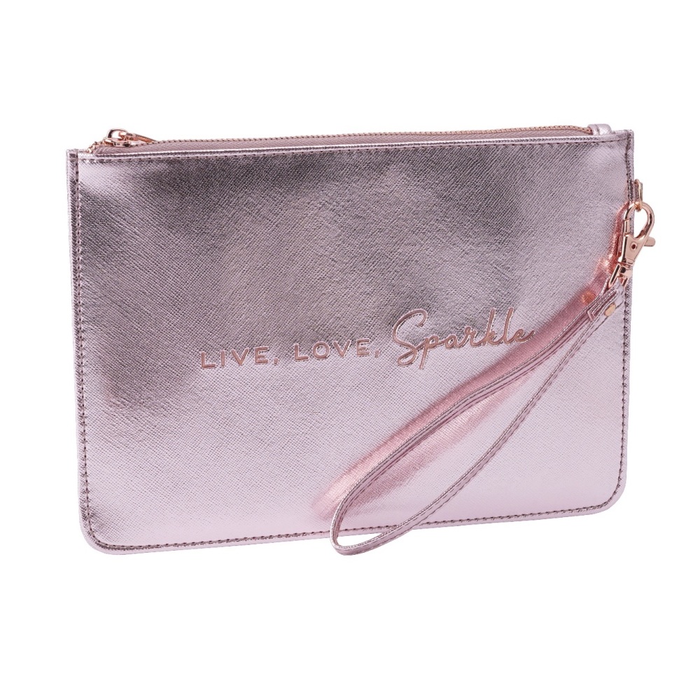 rose gold metallic pouch, live love sparkle pouch, willow and rose pouch, r