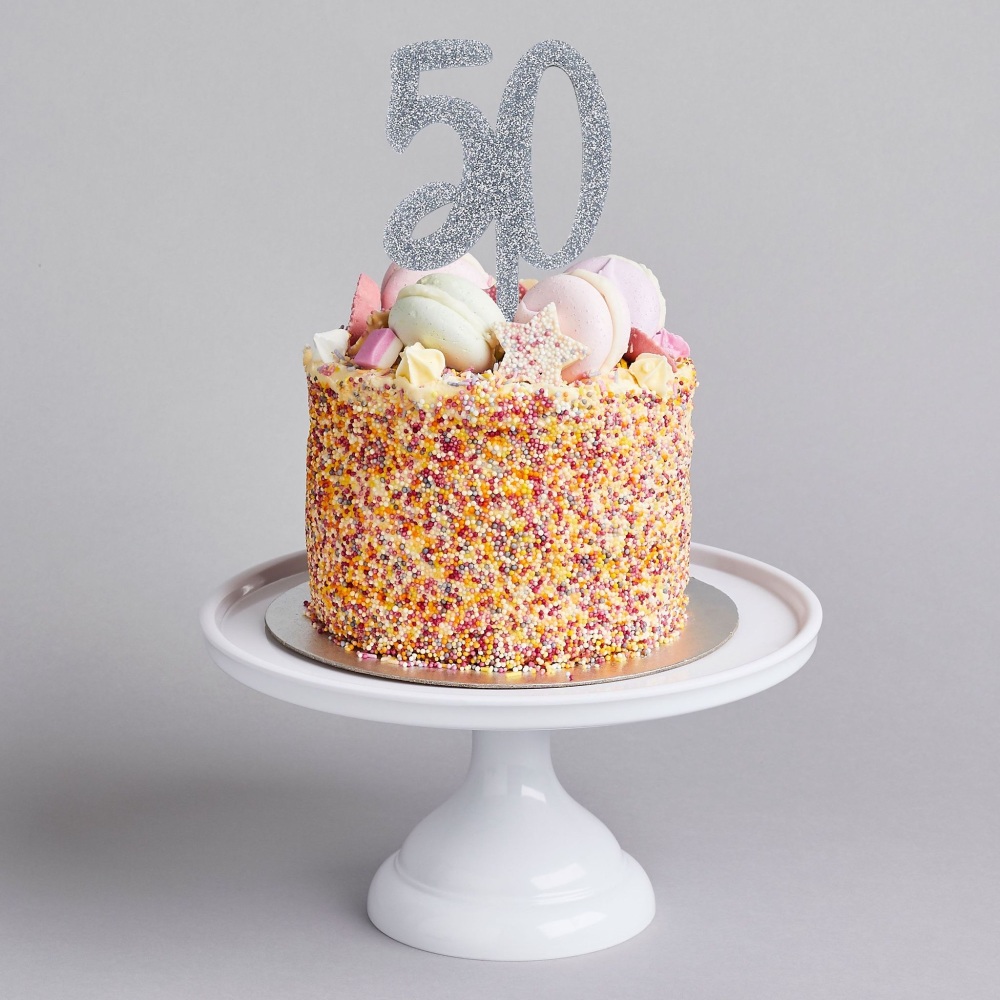 50th cake topper, glittery cake toppers, 50th silver cake topper