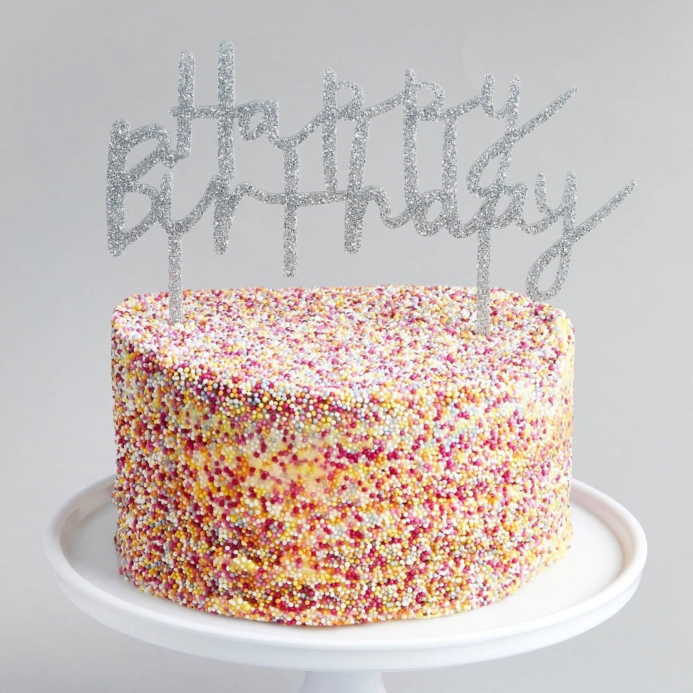 Glittery Acrylic Happy Birthday - Cake Topper - Silver