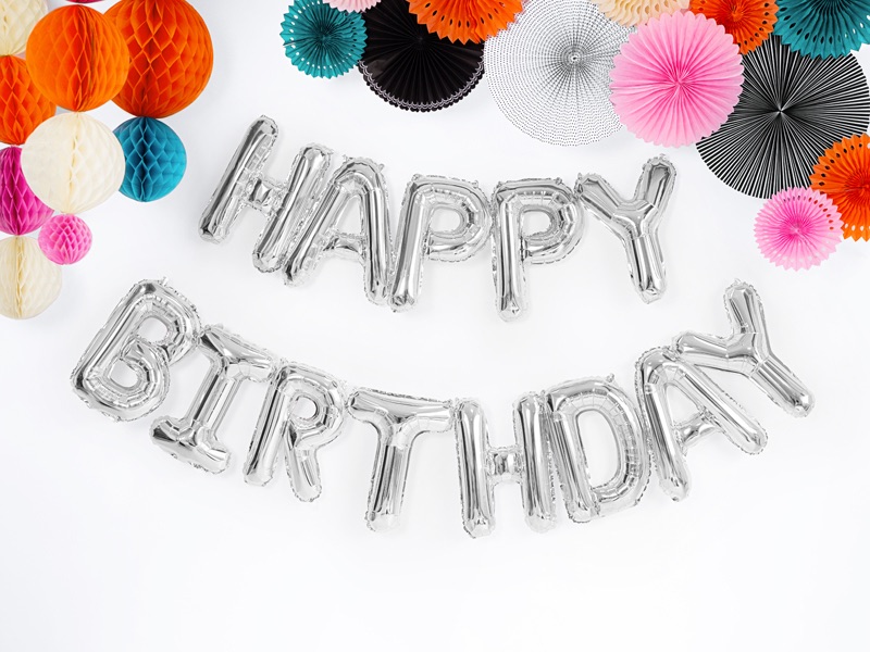 Silver happy birthday balloon bunting, birthday balloon bunting, happy birt