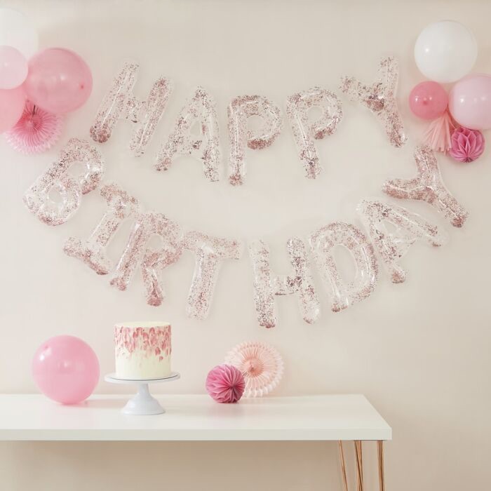 Rose gold happy birthday balloons, rose gold confetti birthday balloons, gi