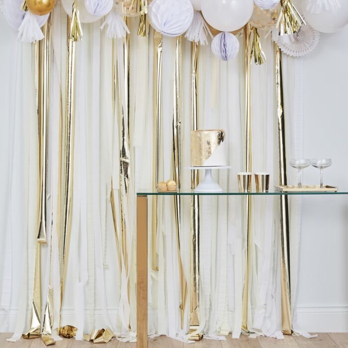 Gold and white streamer backdrop, streamer backdrop, white and gold streame