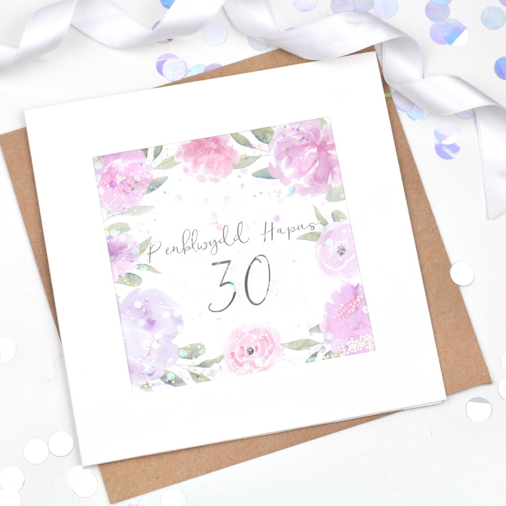 Watercolour Floral - Penblwydd Hapus - 30 - Confetti Card