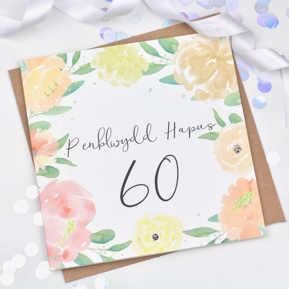Floral Watercolour - Penblwydd Hapus - 60 - Card