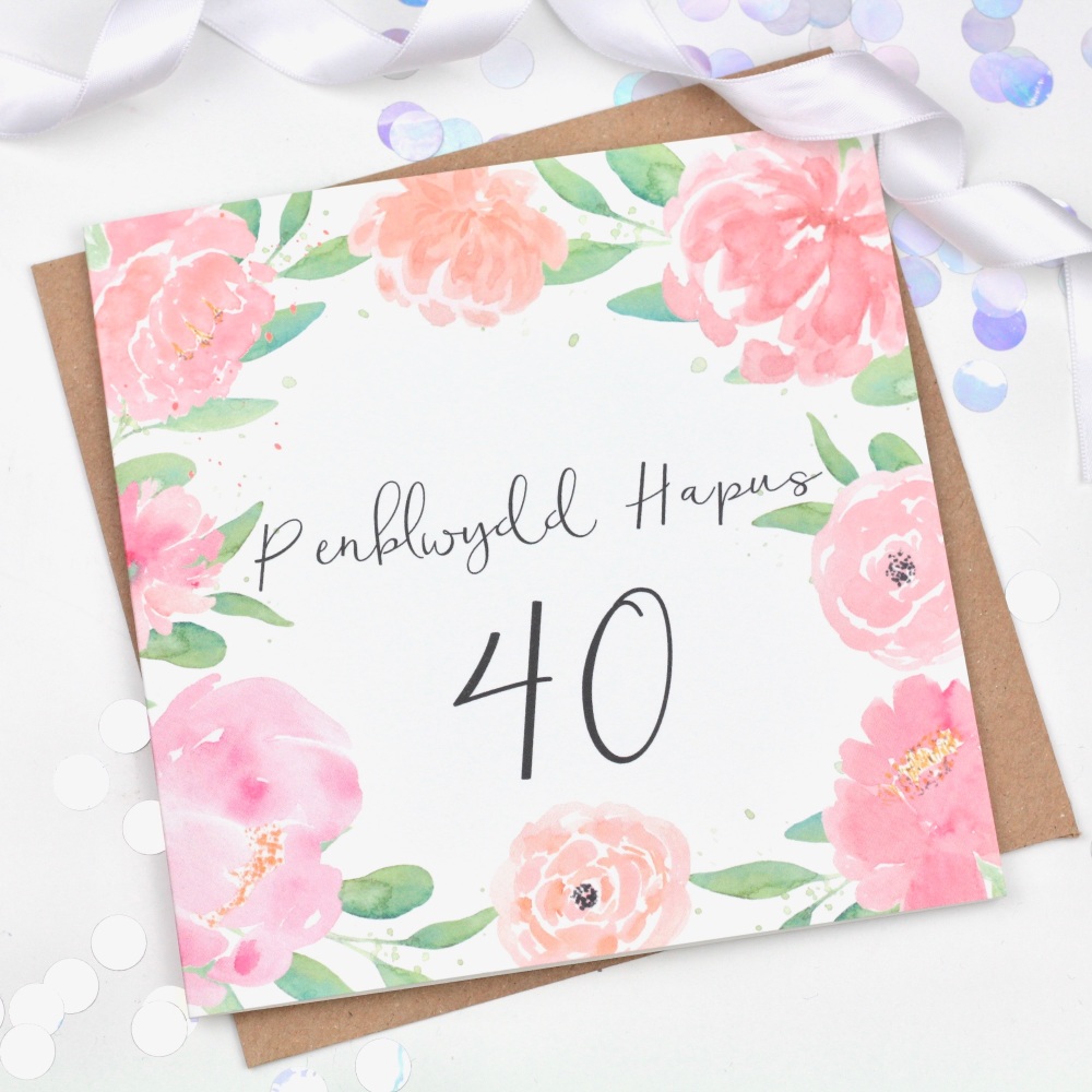 Floral Watercolour - Penblwydd Hapus - 40 - Card