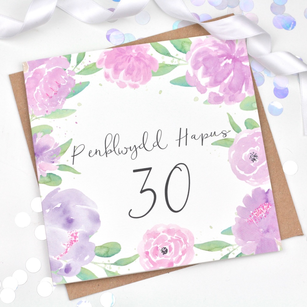 Floral Watercolour - Penblwydd Hapus - 30 - Card