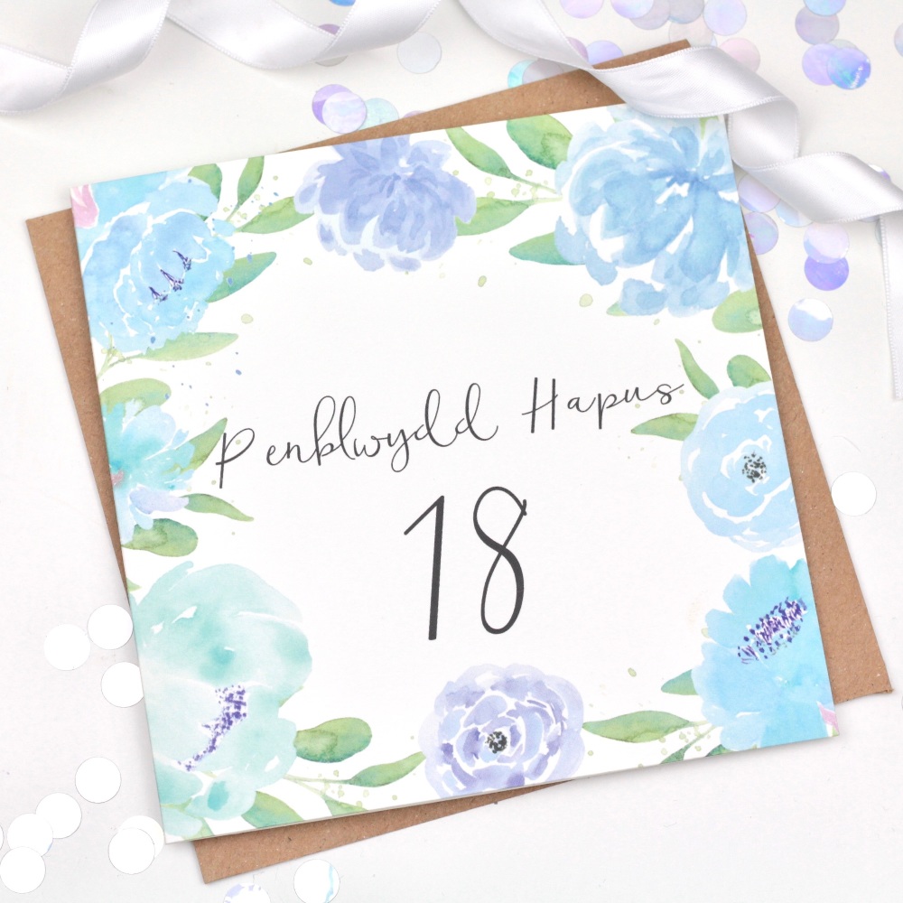 Floral Watercolour - Penblwydd Hapus - 18 - Card