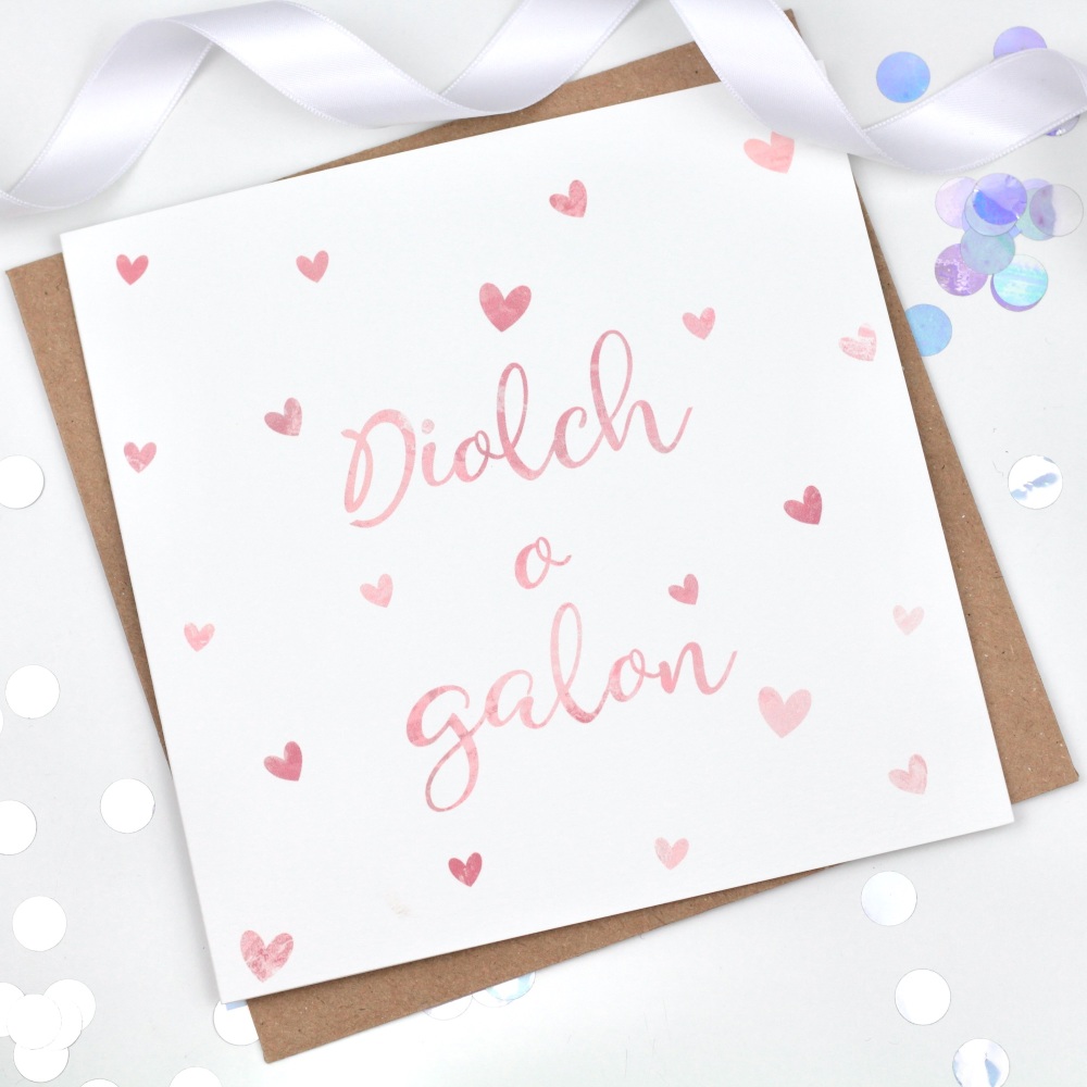 Pink Dotty Hearts - Diolch o galon - Card