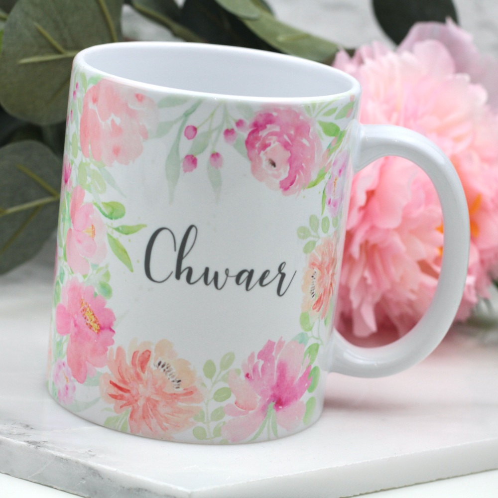 Mwg chwaer, chwaer mug, mwg blodeuog chwaer, floral watercolour mug