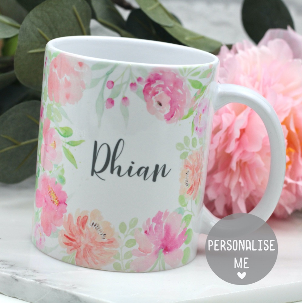 personalised floral watercolour mug, personalised mug, name mug, custom mug