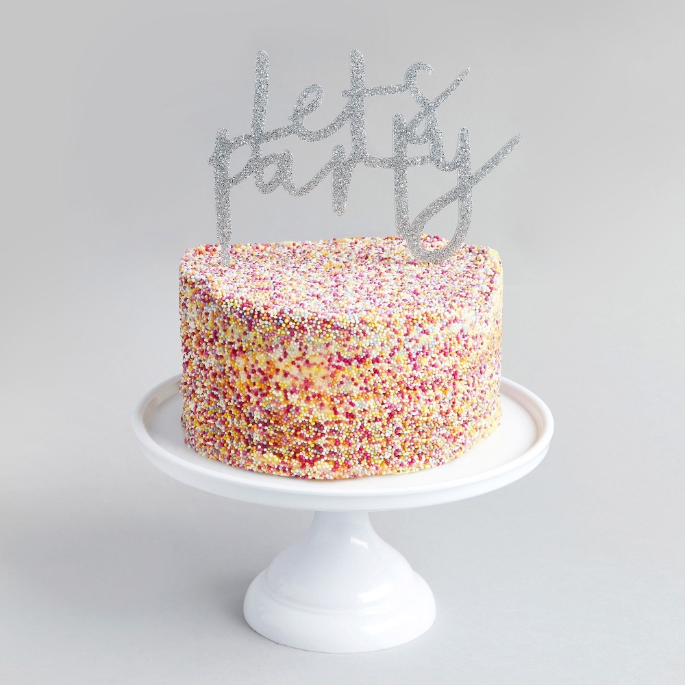 Silver let's party cake topper, silver party cake topper