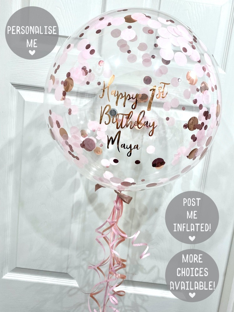 Confetti Bubble Balloon - Rose Gold & Pink - Curly Ribbon Tail