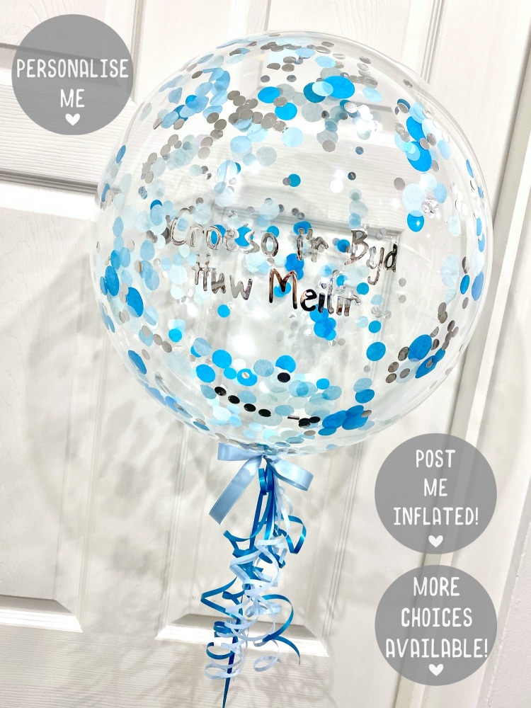 blue confetti balloon, personalised balloon for a boy, balloons by post, de