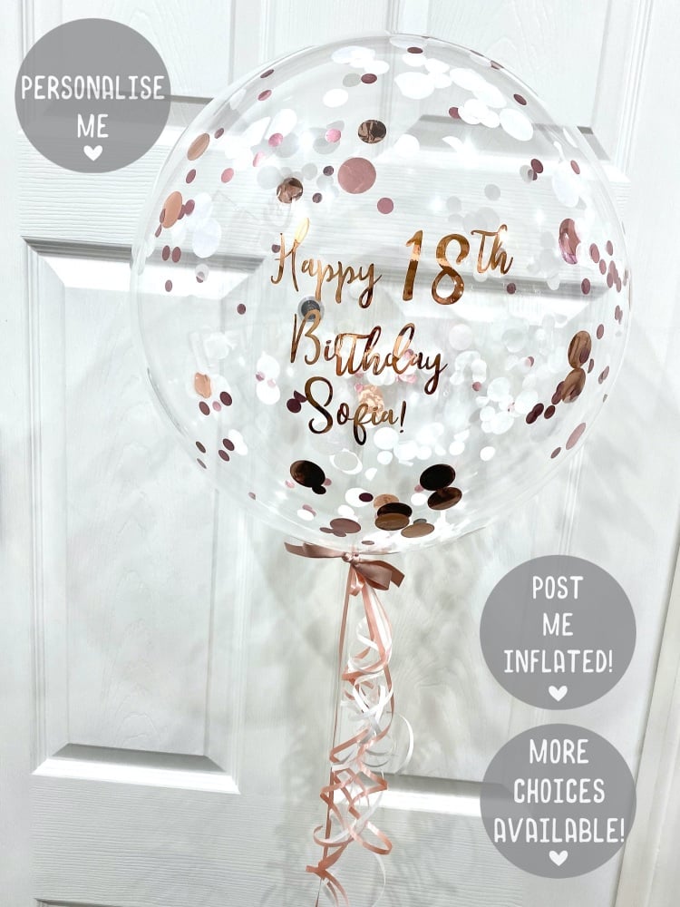 White and rose gold confetti balloon, confetti balloon posted, party shop n