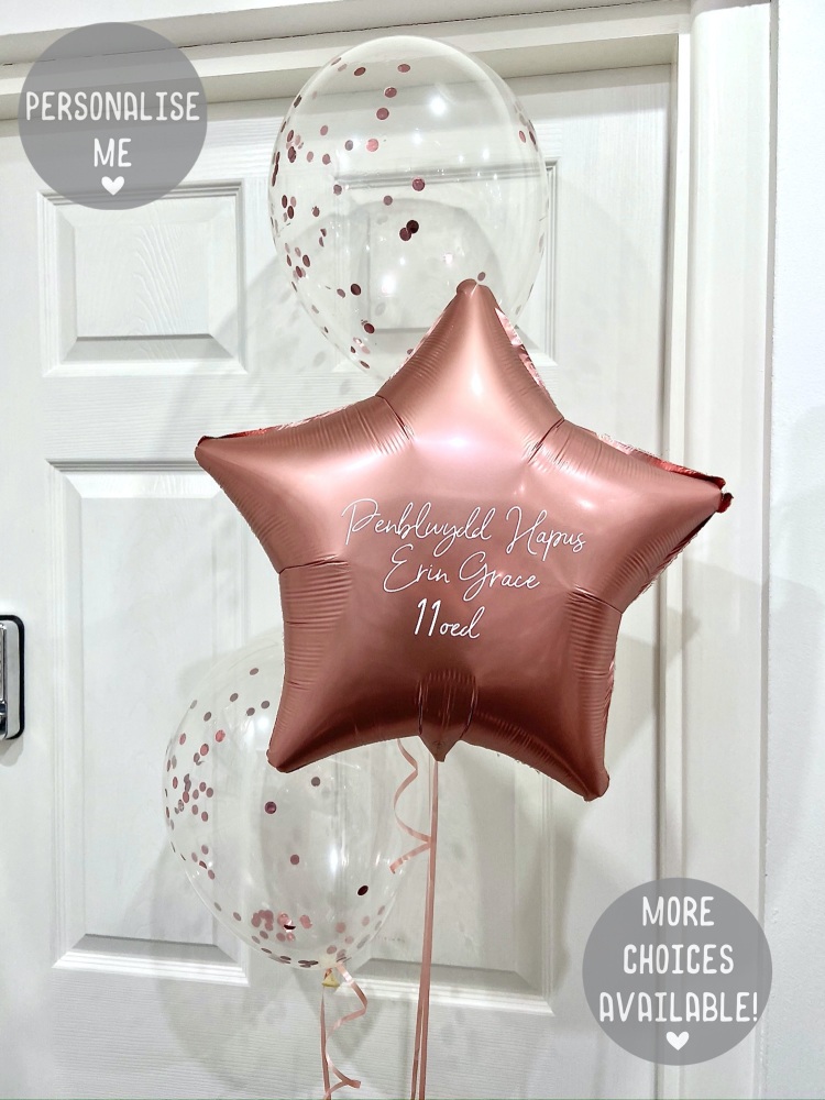Personalised rose gold balloon bunch, personalised balloons north wales, pe