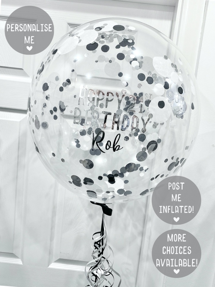 White, black and silver confetti balloon, personalised confetti balloon, co