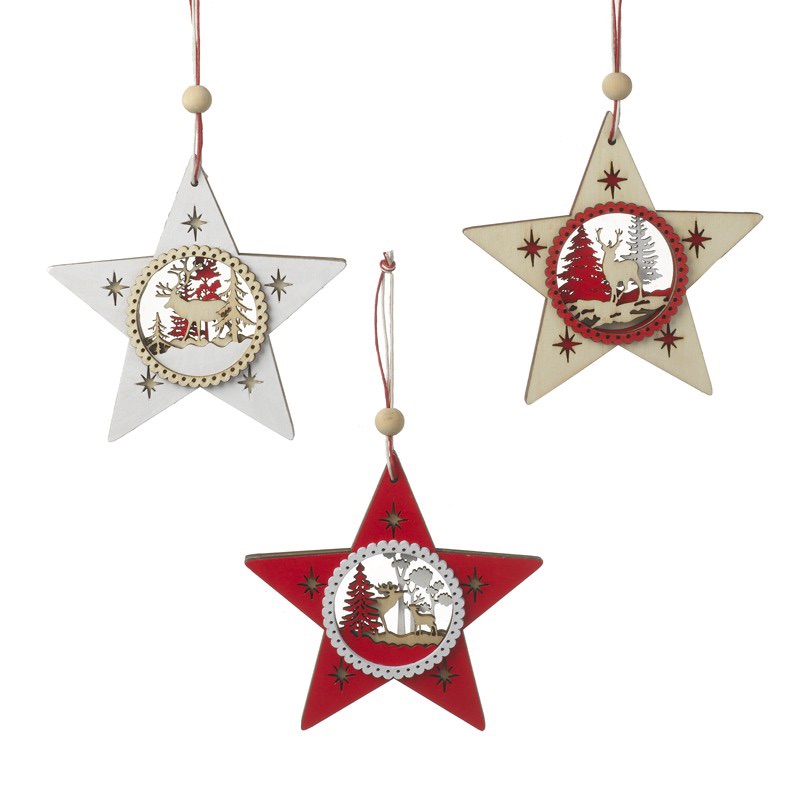 Red christmas star scene decorations, wooden star decorations, reindeer sta