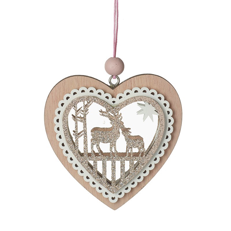 Glittery Heart Deer Scene - Hanging Decoration