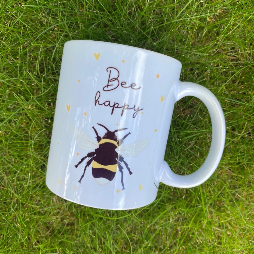 Bee happy mug, bumble bee mug, queen bee mug, mug with bees