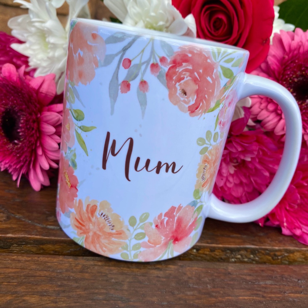 Mum mug, floral mum mug, watercolour floral mum mug, ceffi north wales