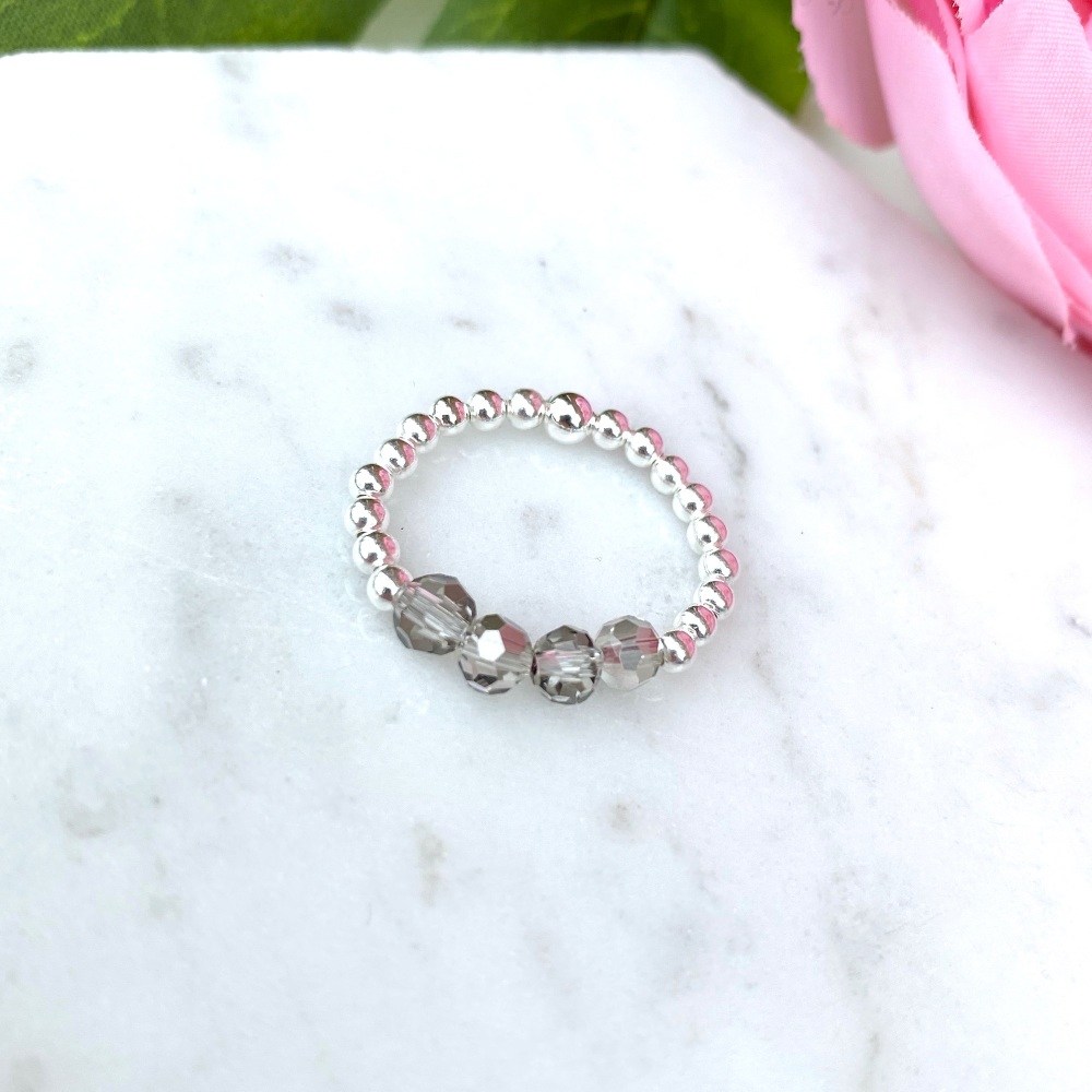 Silver and grey stretch ring, beaded ring