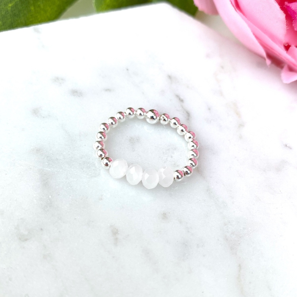 Beaded ring, white beaded ring, white bead stretch ring