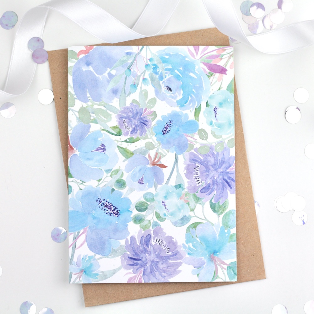 Floral Flourish - Blue - Plain Card