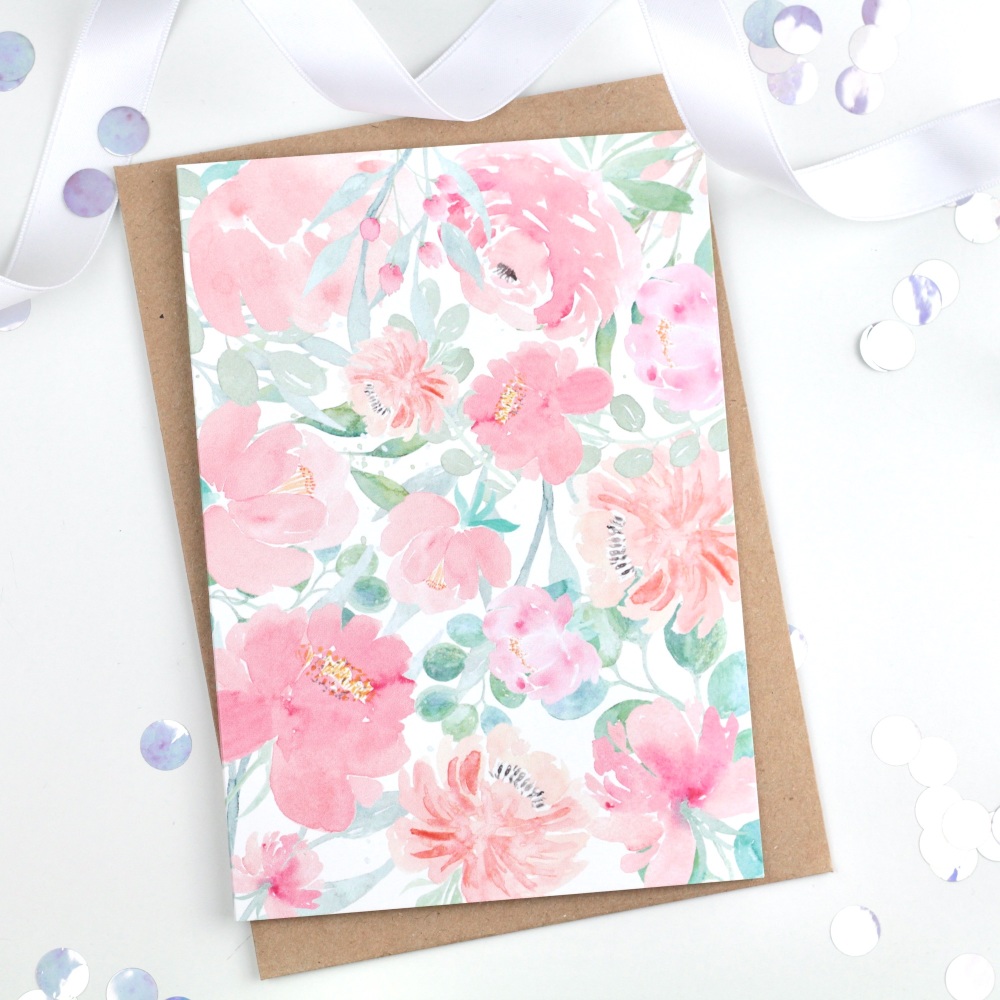 Floral Flourish - Pink - Plain Card