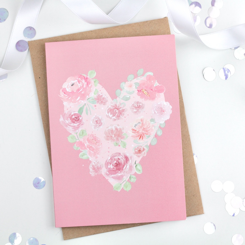 Floral Heart - Pink - Plain Card