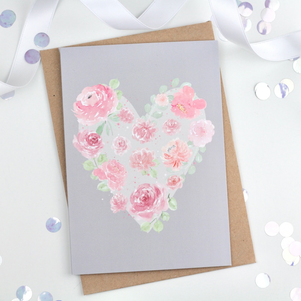 Floral Heart - Grey - Plain Card