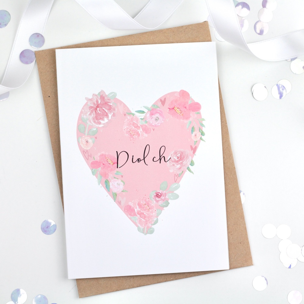 Diolch card, welsh thank you card, floral heart card, ceffi cards