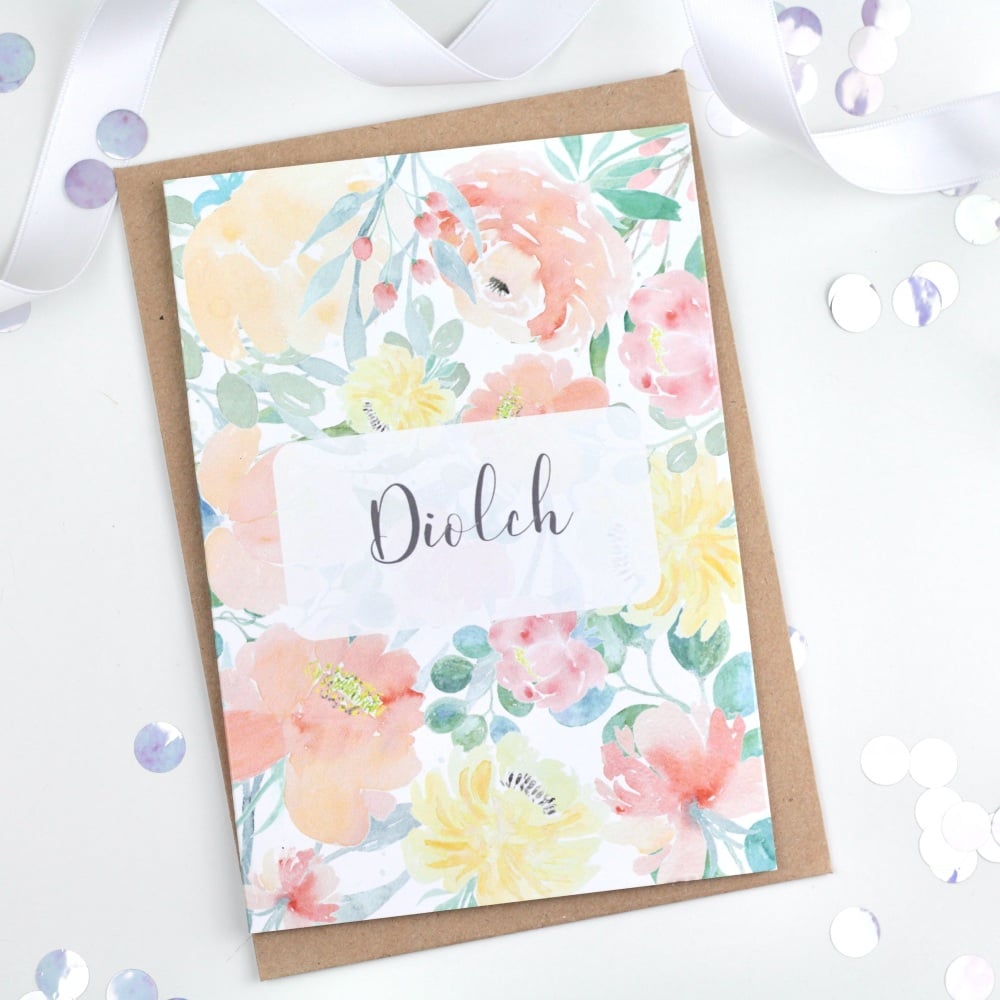 Diolch card, welsh thank you card, floral card, ceffi cards