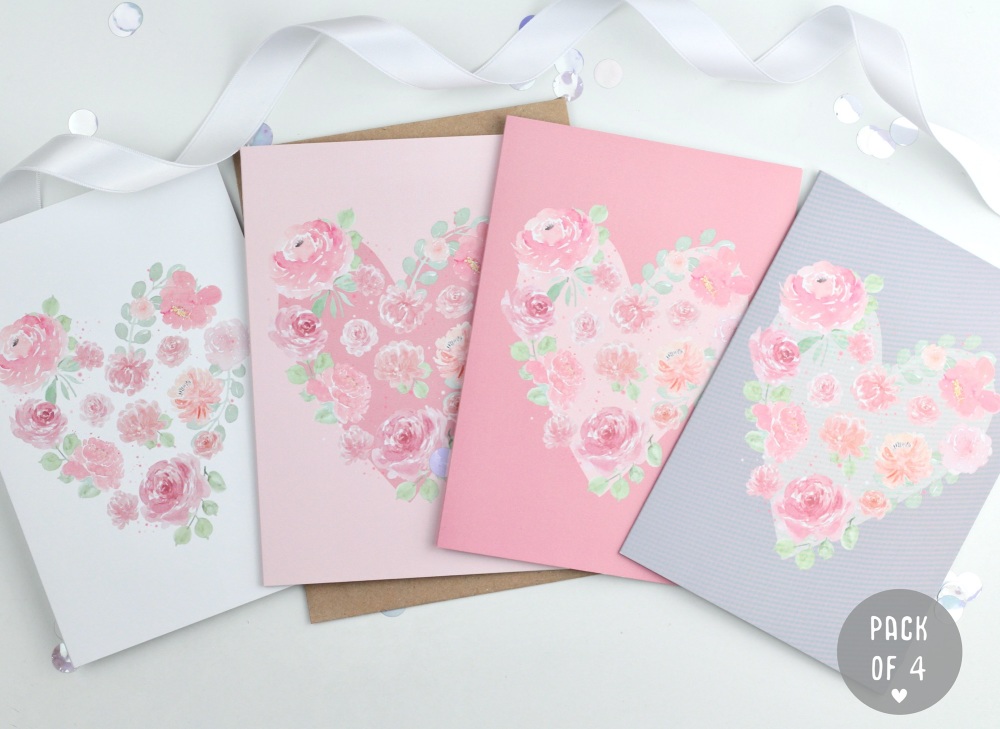 Floral Heart - Plain - Card Pack - 4