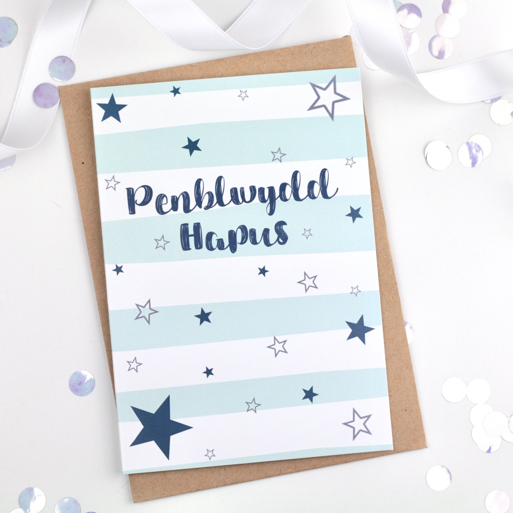 Blue Stripe & Stars - Penblwydd Hapus - Card