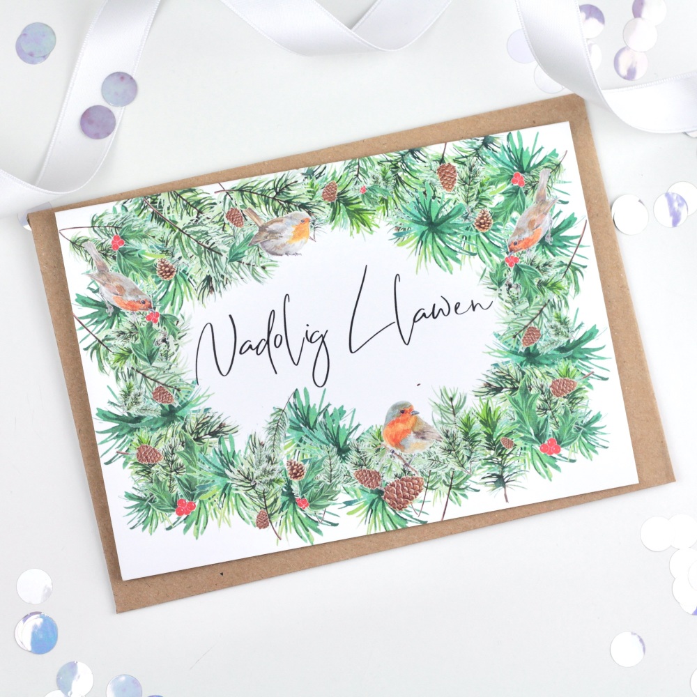 Greenery Wreath - Nadolig Llawen - Card  